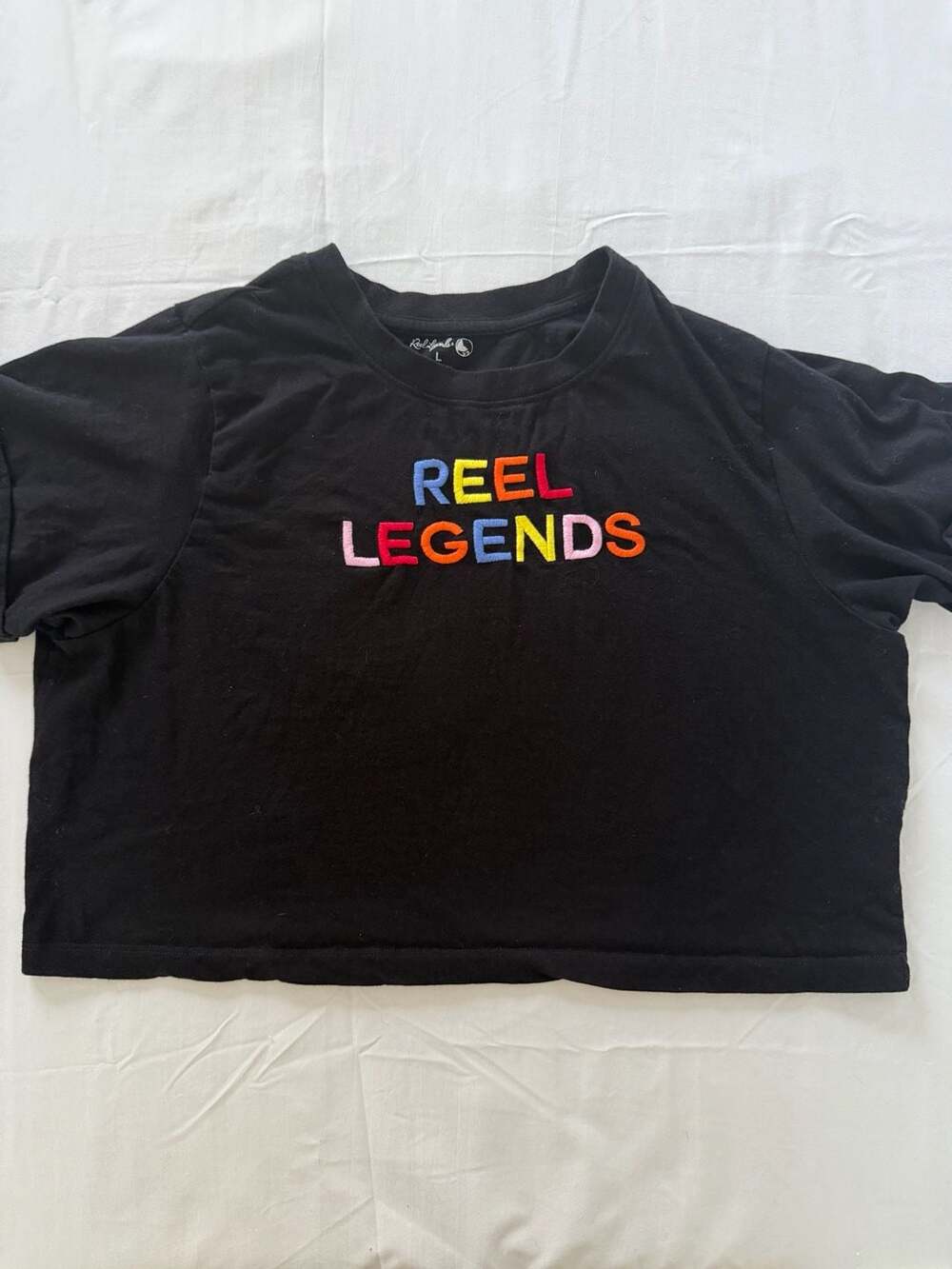Cute Reel Legends Black Embroidered Logo Crop T-Shirt Size L